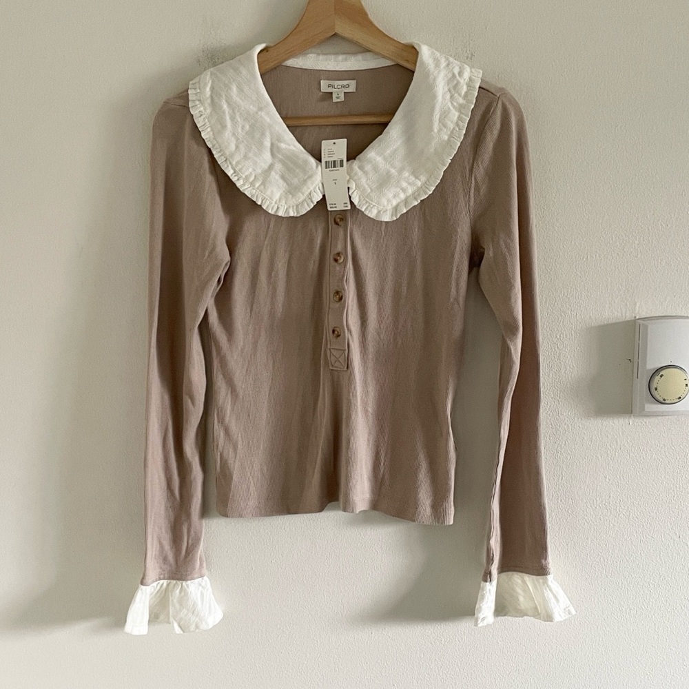 Pilcro Anthropologie Keira Peter Pan Collar Henley Top Size Small Neutral NWT - Picture 5 of 12